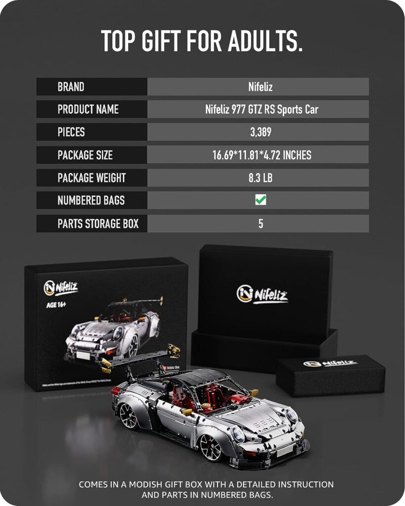 Nifeliz Sports Car 977, GTZ RS Racing Model Toy, Collectible Building Kit for Adults (3,389 Pieces)