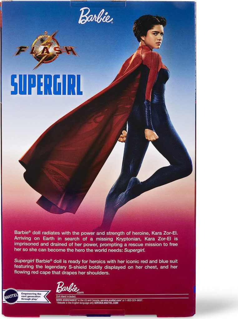 Supergirl Barbie Doll, Collectible Doll from The Flash Movie Wearing Red and Blue Suit with Cape, Doll Stand Included